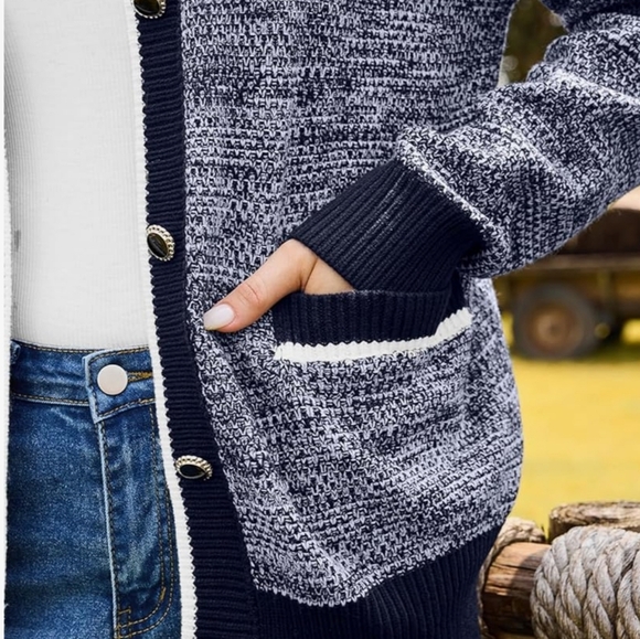 Cardigan Sweaters Open Front Button Down Navy Blue Womens Cardigan with Pockets - Picture 8 of 8
